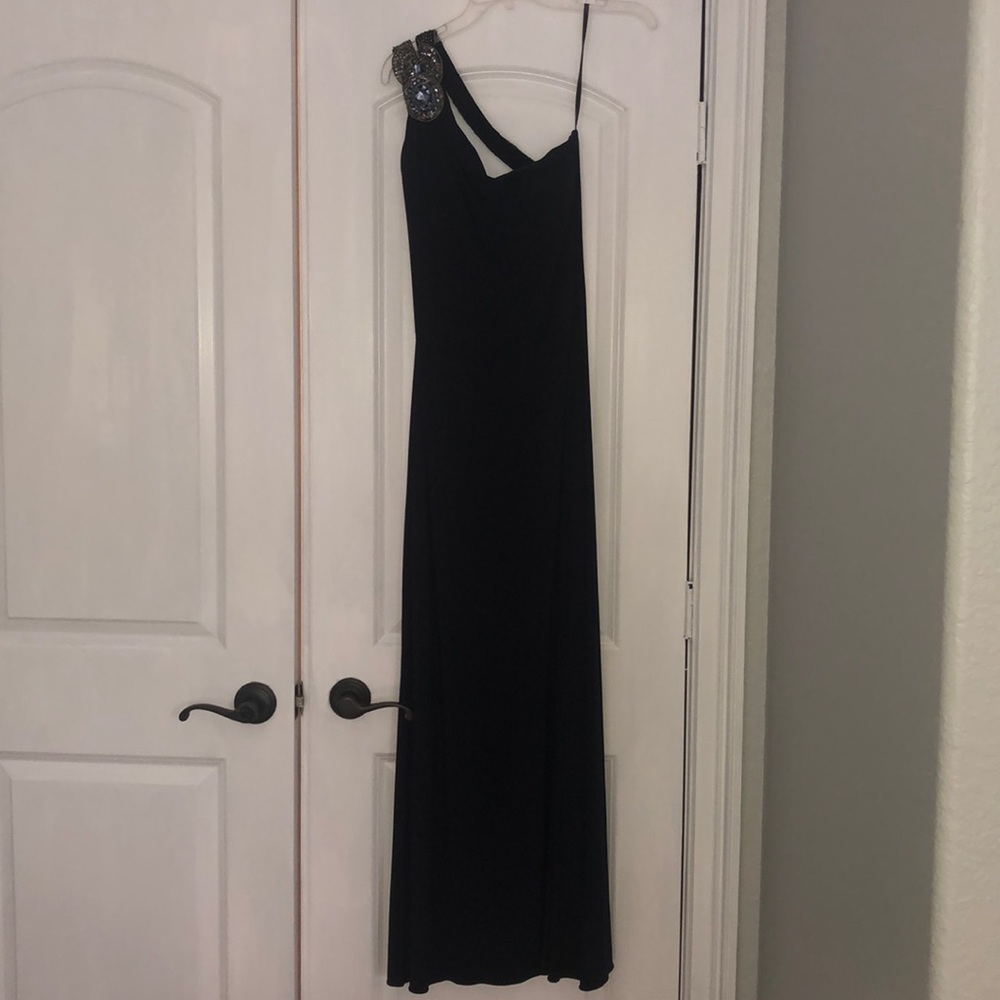 One shoulder Cachet Navy Floor Length Gown